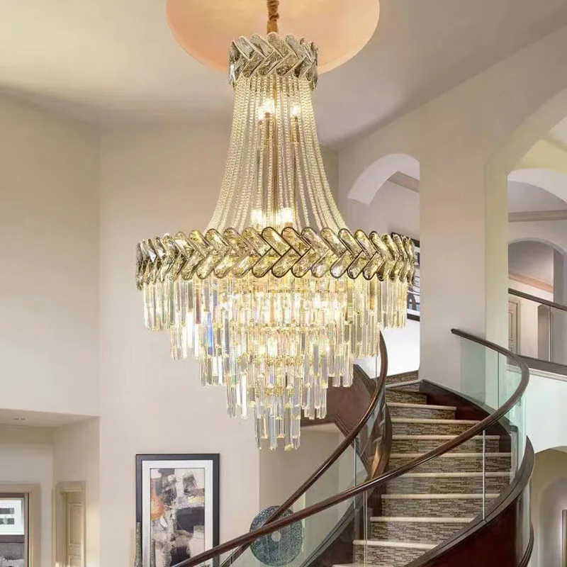 Modern Loft Chandelier Living Room Villa Hall Crystal Hanging Light Fixture Large Staircase Gold Chain lamp Indoor Lighting