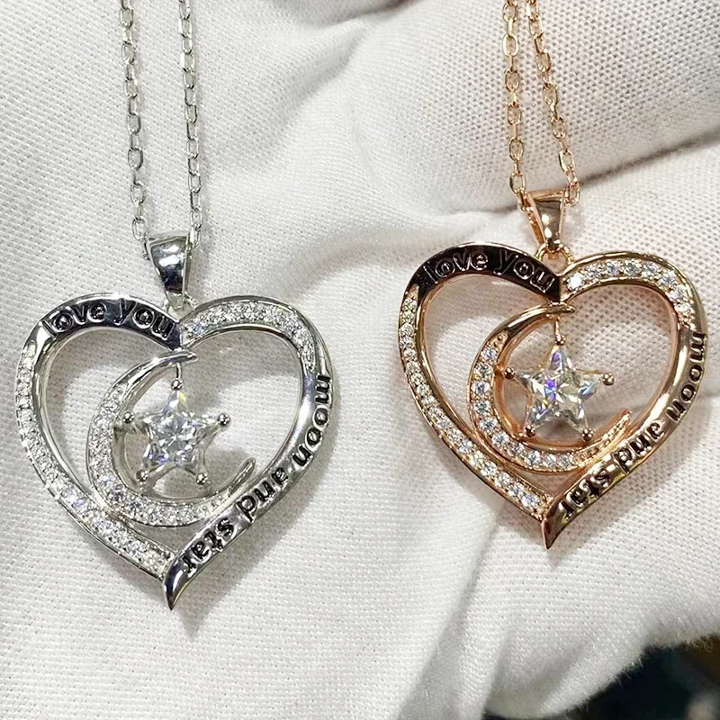 Moissanite Stone Heart Shape 925 Sterling Silver 18K Rose Gold Moon And Star Necklace 1Ct VVS1 D Moissanite Pendant Jewelry