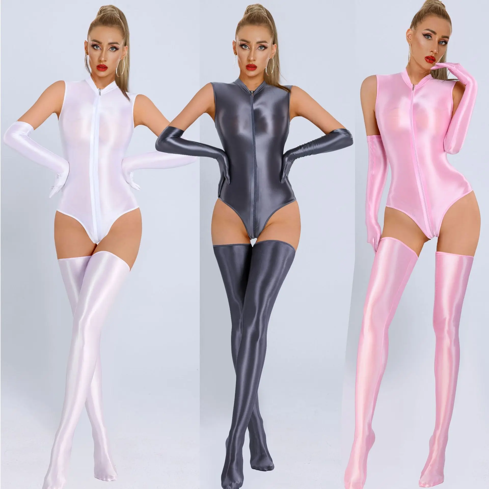 Mono de cuerpo entero brillante, suave y sedoso, bicolor, con cremallera en la entrepierna, para adultos, con diseño de pies y manos integrados, unisex.
