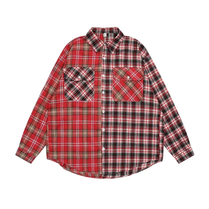 2024 New Personality Plaid Shirts Women American Retro Contrast Color High Street Long Sleeve Versatile Basic Simple Casual Tops