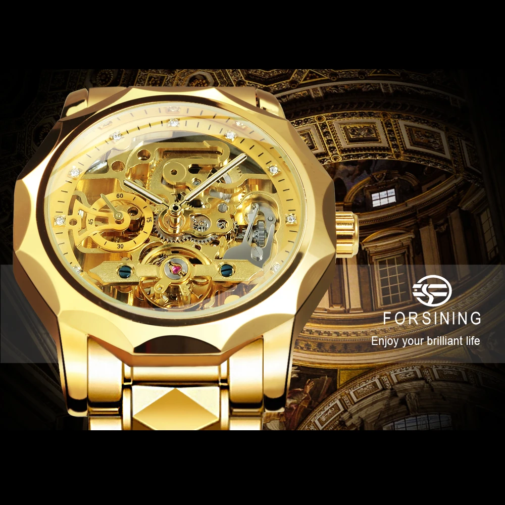 Forsining Gold Tourbillon Skeleton Automatic Watch for Men Fashion Diamond Stainless Steel Strap Luxury Brand Mechanical Watches