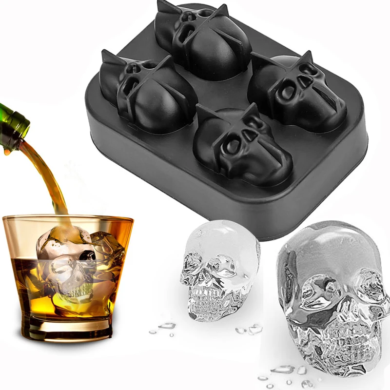 Ice Cube Tray 3D Skull Silicone Mold 4-Cavity DIY Ice Maker Household Use Cool Whiskey Wine Kitchen Tools Pudding Ice Cream Mold