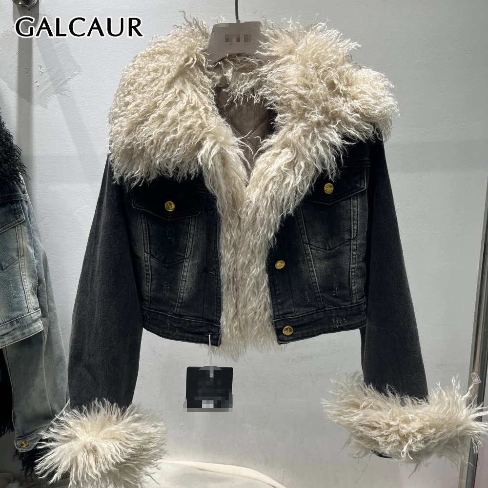 

GALCAUR Solid Spliced Fur Chic Jacket Female V Neck Long Sleeve Loose Vintage Streetwear Women's Jackets Autumn Style Fashion