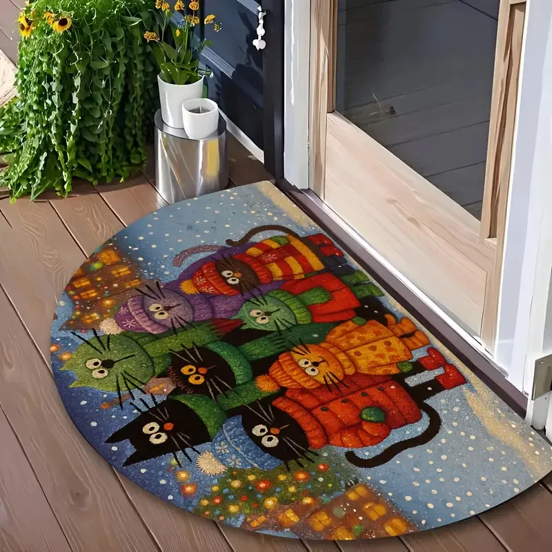 Cute Cartoon Cats Half Round Rug Kitten & Cat Back Silhouette Doormat Entryway Carpet Home Decor Floor Mat for Living Room