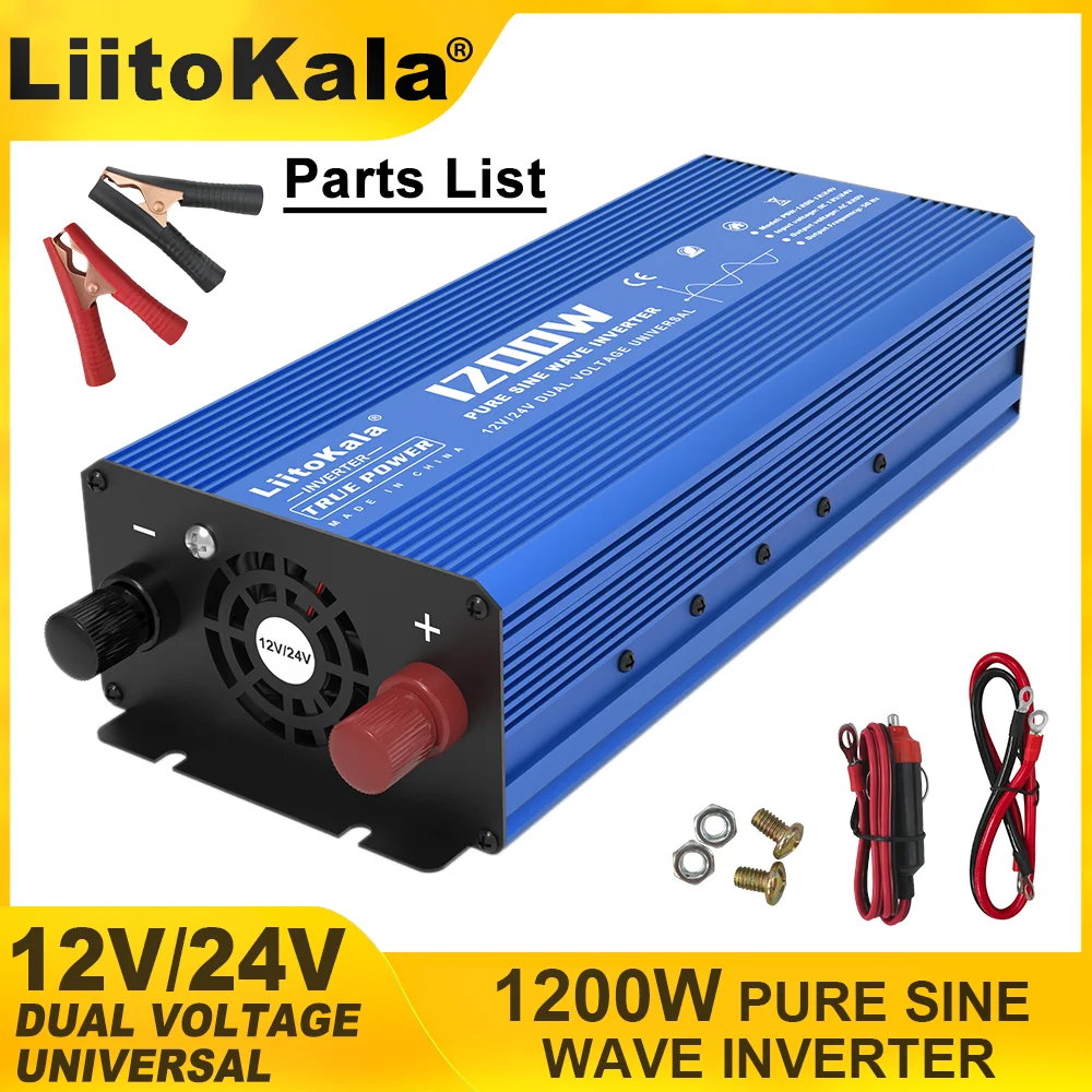 LiitoKala pure sine wave power supply 1200W high-power inverter DC 12V/24V AC 220V solar cell inverter