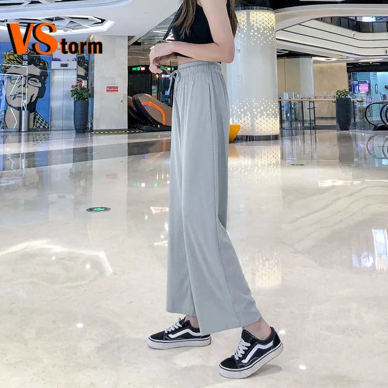 Double Zipper Open Ice Silk Wide-leg Pants Female Summer Students Feel Relaxed Joker High Waist Elastic Thin Straight Pants