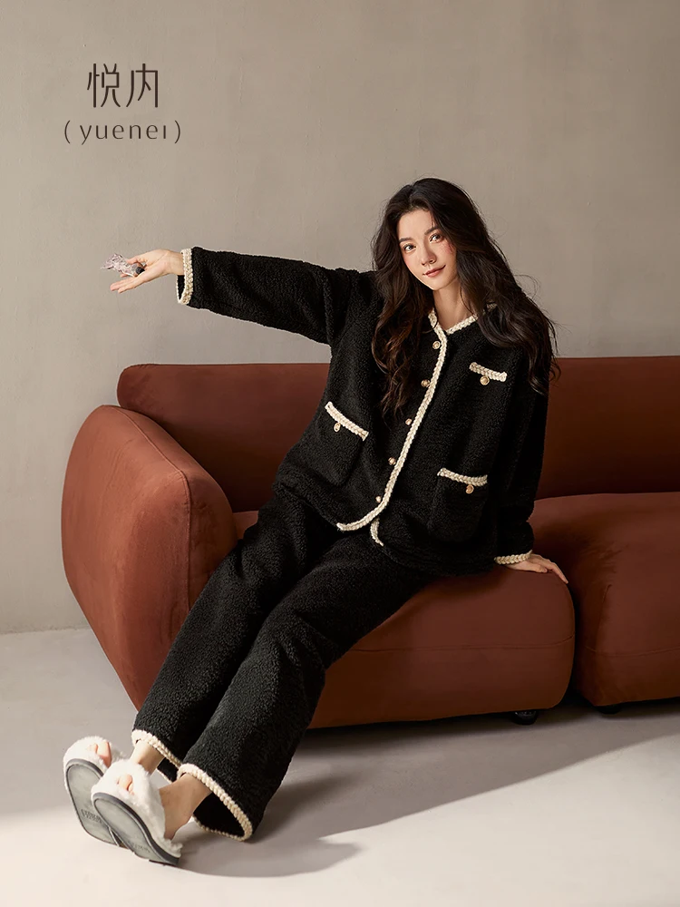 pigiama-da-donna-yuenei-in-flanella-e-pile-corallo-set-nero-autunno-inverno-abbigliamento-da-casa-con-scollo-a-v-maniche-lunghe-e-bottoni-decorativi