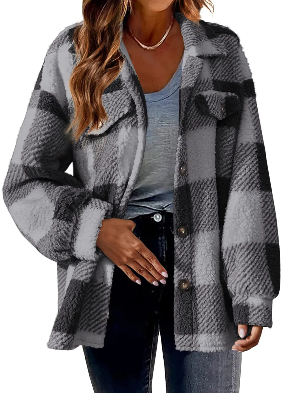 Veste à carreaux en agneau pour femme, manteau confortable et polyvalent, bouton en peluche, poche, décontracté, sourire, mode, automne, hiver, nouveau, 2023