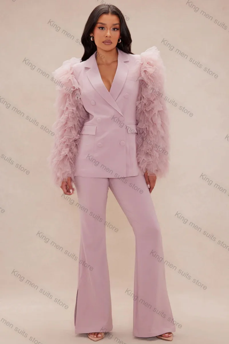 Pink Women Suit Pants Set 2 Piece Blazer+Trousers Ruffles Tulle Sleeves Customized Formal Office Lady Cotton Jacket Prom Coat