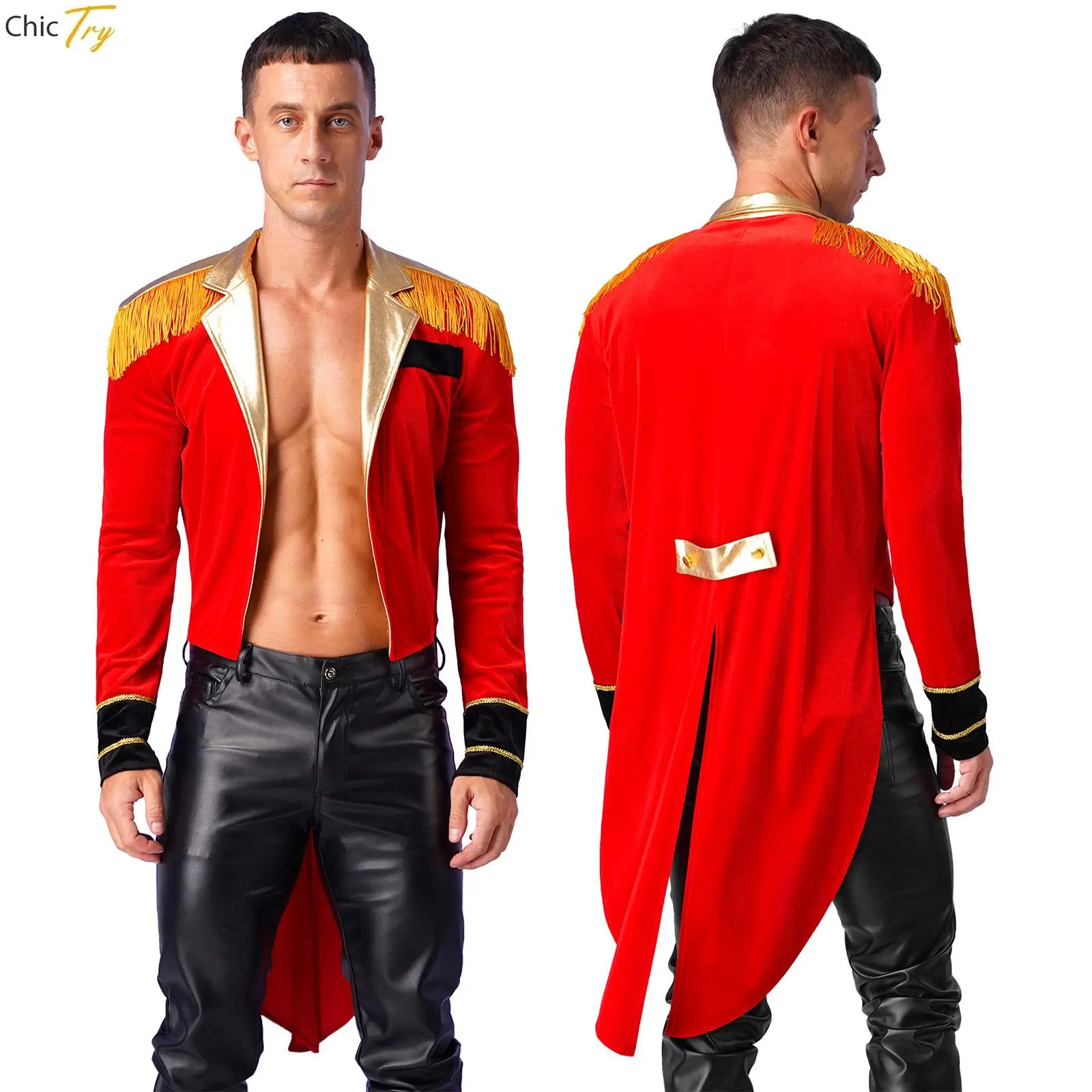 Mens Halloween Circus Ringmaster Costume Showman Jacket Coat Long Sleeve Tassel Velvet Lion Tamer Dress Up Tailcoat Outfits