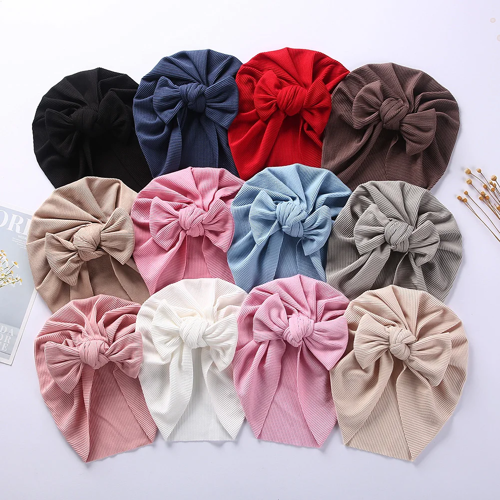 12pc/lot Sweet Baby Knotbow Turban Hat Soft Elastic Kids Beanies Caps Breathable Solid Color Baby Girls Bonnet Hats for Newborn