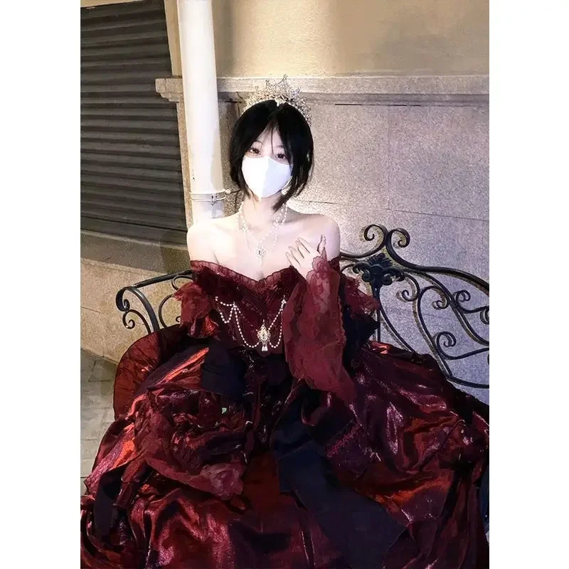 2025 Escaping Princess Lolita Pigeon Blood Red Classical Element Dress 3D Rose Heavy Industry Pengpeng Princess Dress