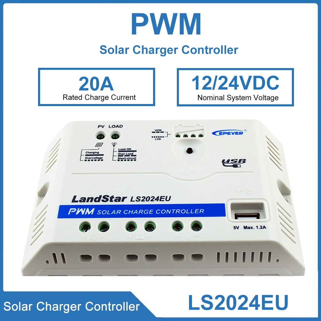 

EPEVER LS2024EU 20A Solar Panel System Battery Charging Regulator Controller For Solar Panels With USB Port 12V 24V