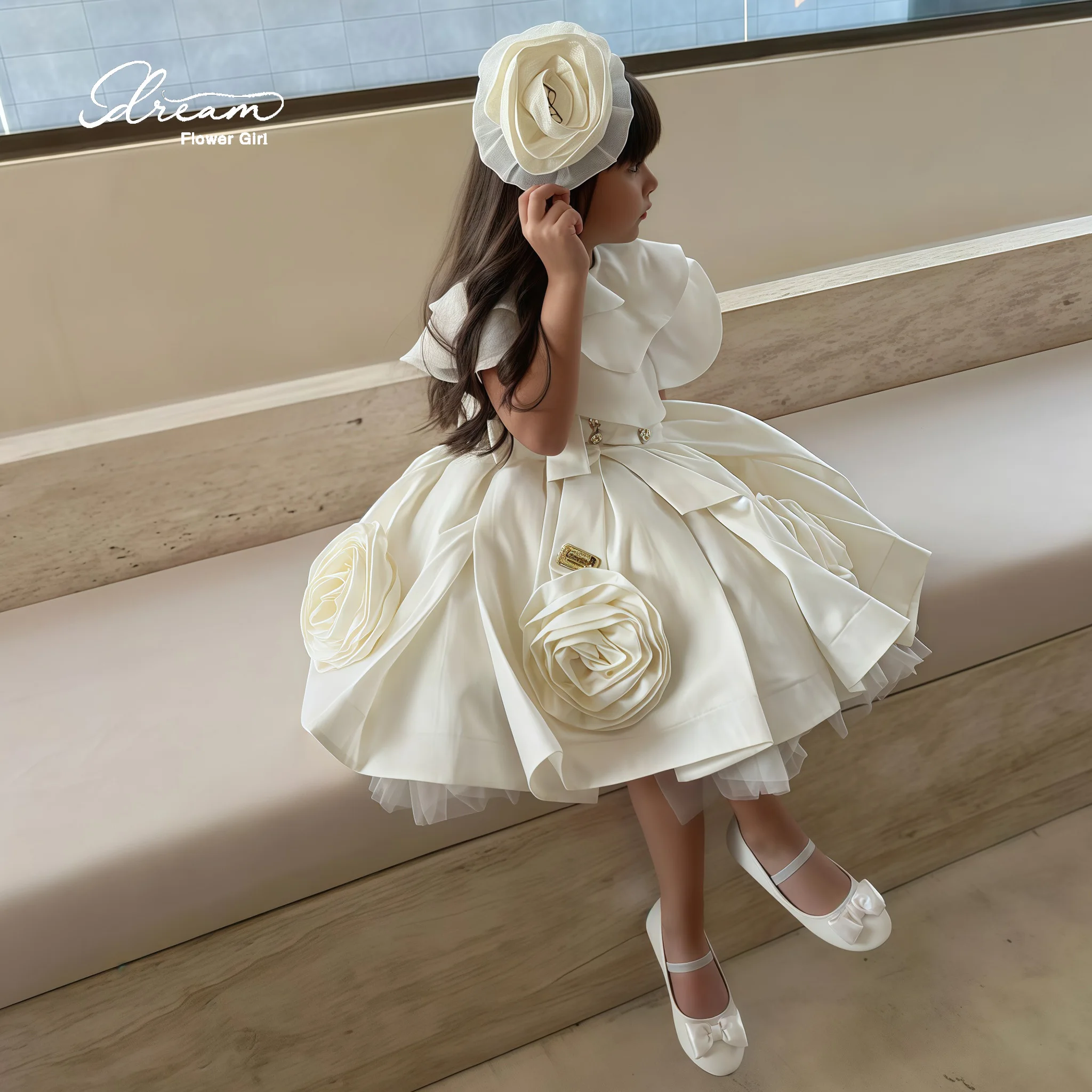 Ivory knee-length formal party dress for girls featuring a high neck ruffled sleeves a voluminous skirt and bow appliqué