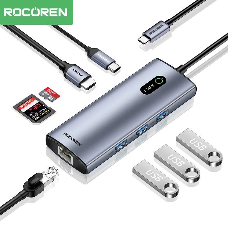 Rocoren 8 in 1 USB C Hub PD 100W RJ45 SD Reader USB 3.0 Splitter 11 in 1 Dock Station For Macbook Air Pro Samsung Xiaomi Laptop