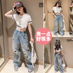 Girls' Jeans New Children's Pants Summer Thin Korean Kids Wear Girls' Perforated Wide Leg Pants 120-170cm