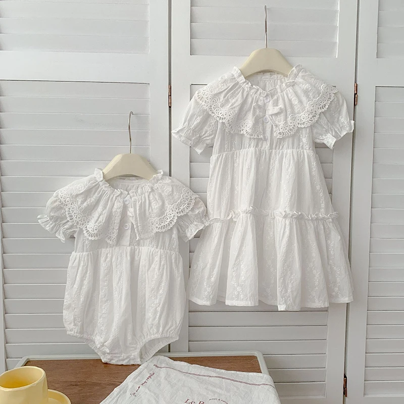 Gaun Adik Baru Musim Panas 2025 Gaun Putri Anak Gaun Renda Pesta Anak Perempuan 2-6 Tahun Baju Monyet Bayi Perempuan Bordir Katun Adik