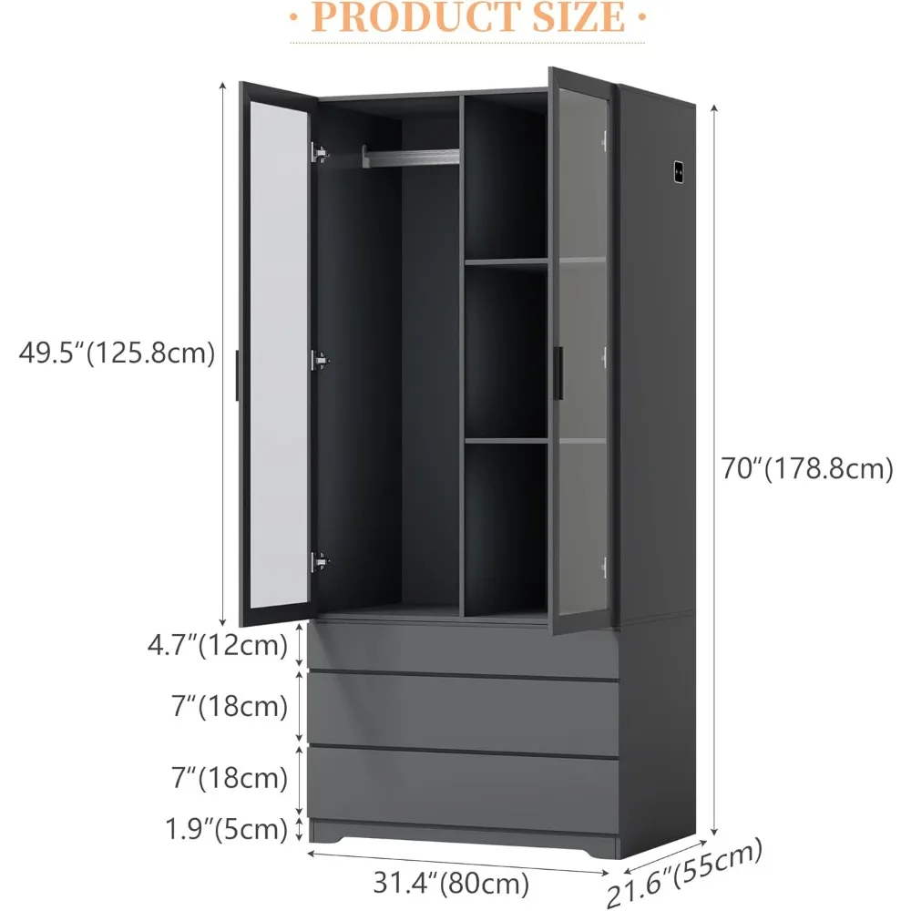 Wardrobe Closet Cabinet with 3 Drawers & Hanging Rod 2 Doors Storage Wardrobes with Lights & Adjustable Shelves LED Wardrobe