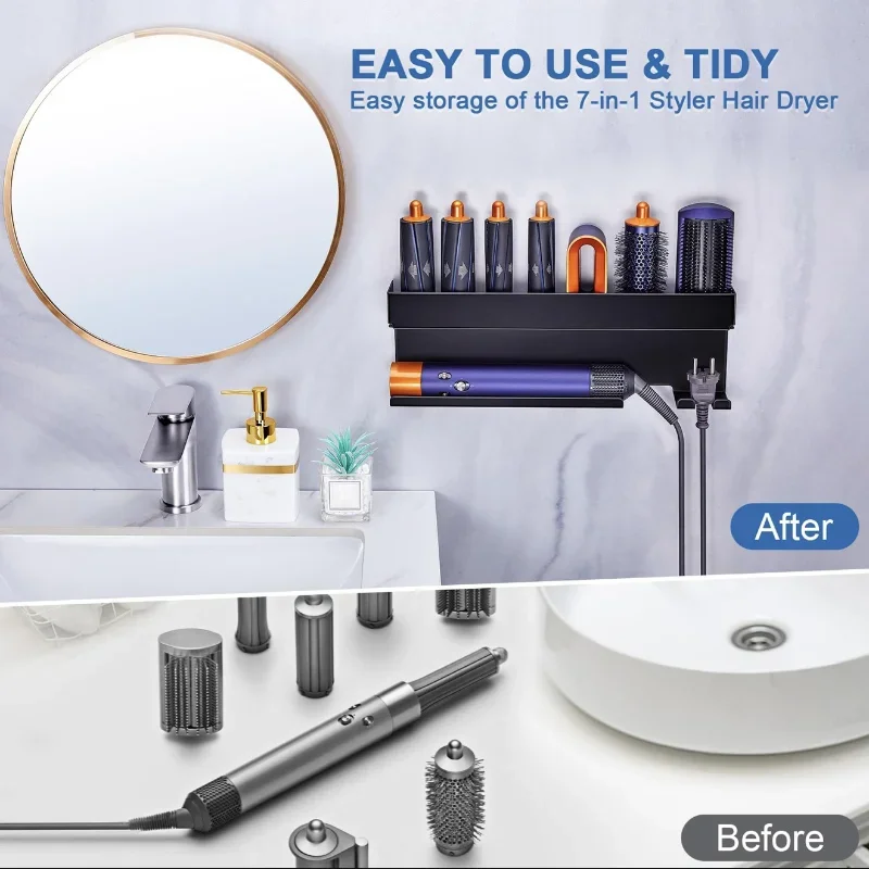 Blow Dryer Storage Rack，No-Drill Curling Iron Holder Stand, Wall Mounted Hair Styling Tool Organizer for Bathroom Countertop