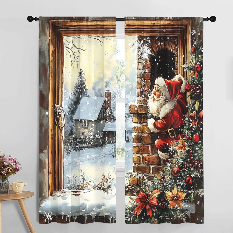 2PCS Santa Chimney Christmas Curtains, Window Frame Snowy Cottage Scene, Vintage Holiday Window Drapes for Bedroom Living Room