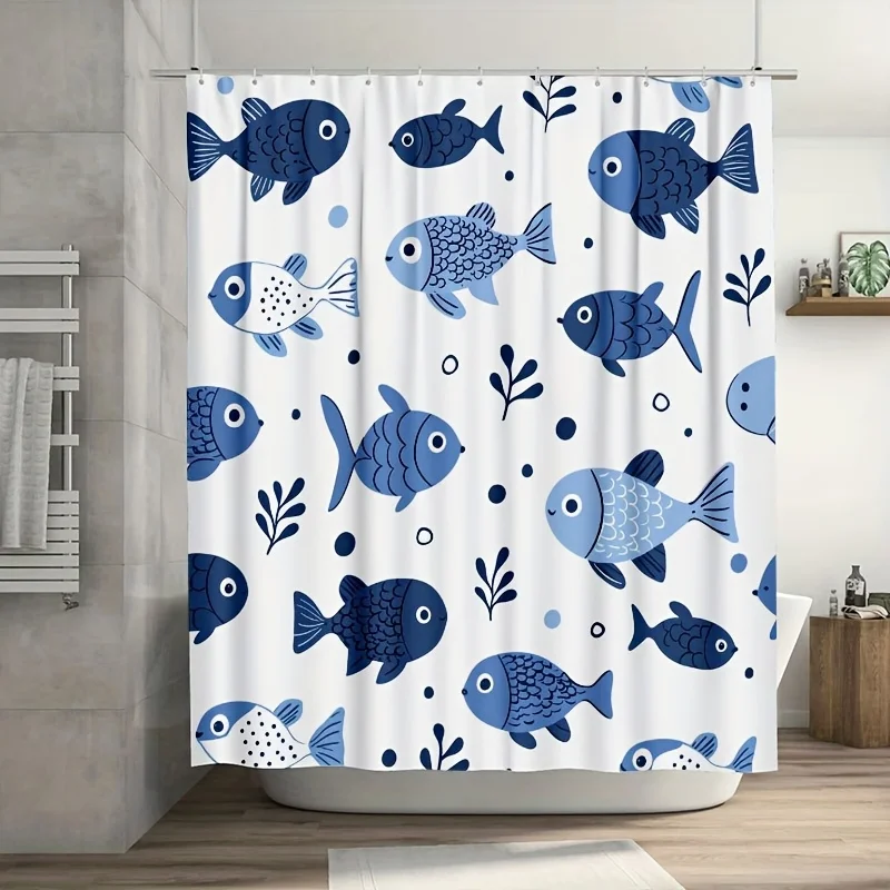 防水魚柄シャワーカーテンブルー浴室装飾海洋海洋生物プリントシャワーカーテンライナー-180x180cm-かわいい航海風