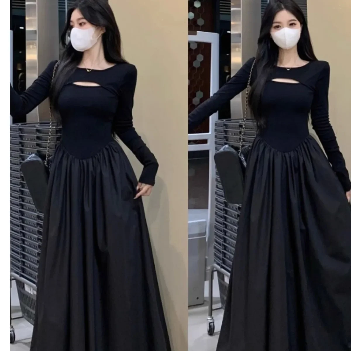 أنيقة سوداء الفرنسية خمر فستان طويل المرأة الراقية هيبورن ملابس داخلية فستان آلهة نمط مخفي سستة إغلاق تنورة