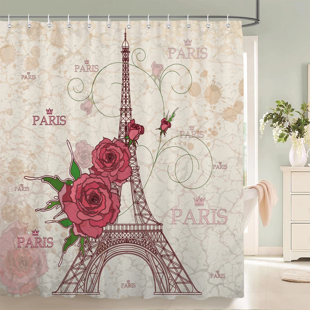 

1pc Fabric Shower Curtain with Hooks，Bathroom Shower Curtain，3D European Retro Paris Tower Printed Fabric Shower Curtain
