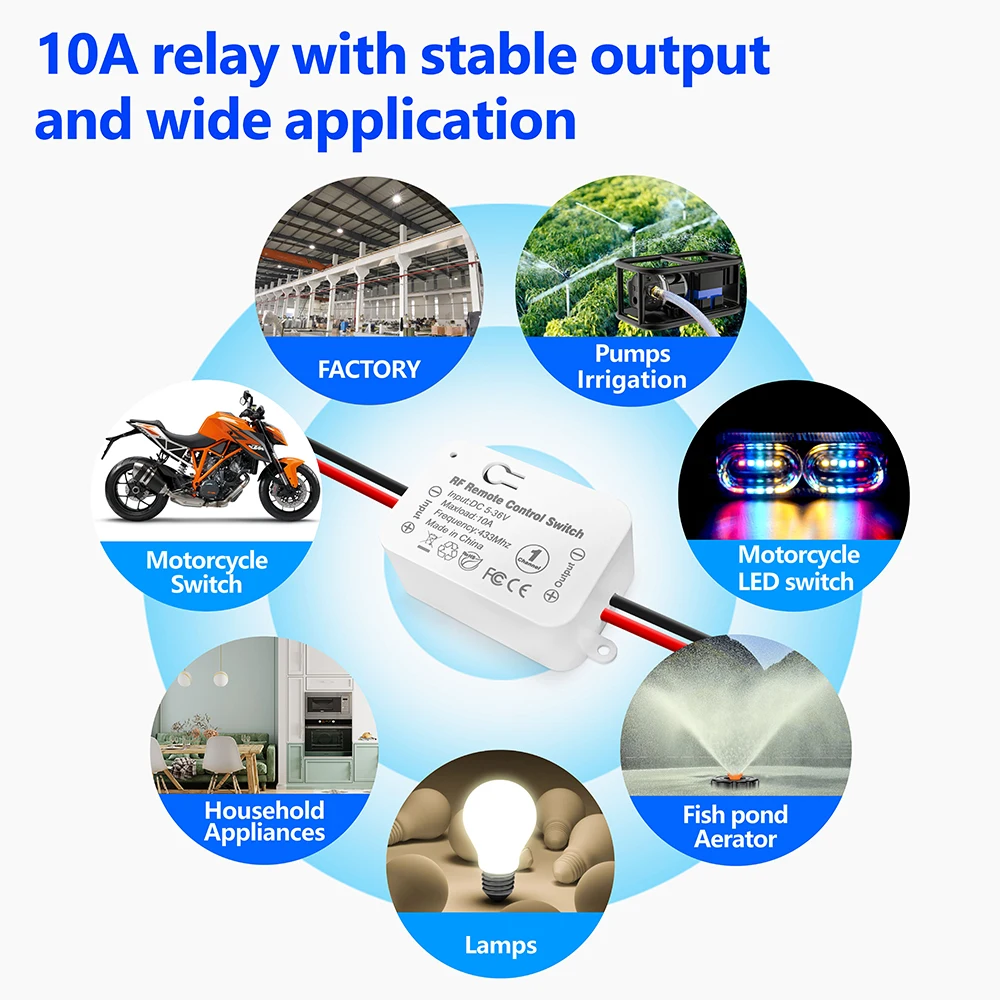 433Mhz Wireless Remote Control Switch 10A DC 6V 12V 24V 30V 36V Mini RF Relay Receiver Transmitter for Pumps Light Lamp LED Fan