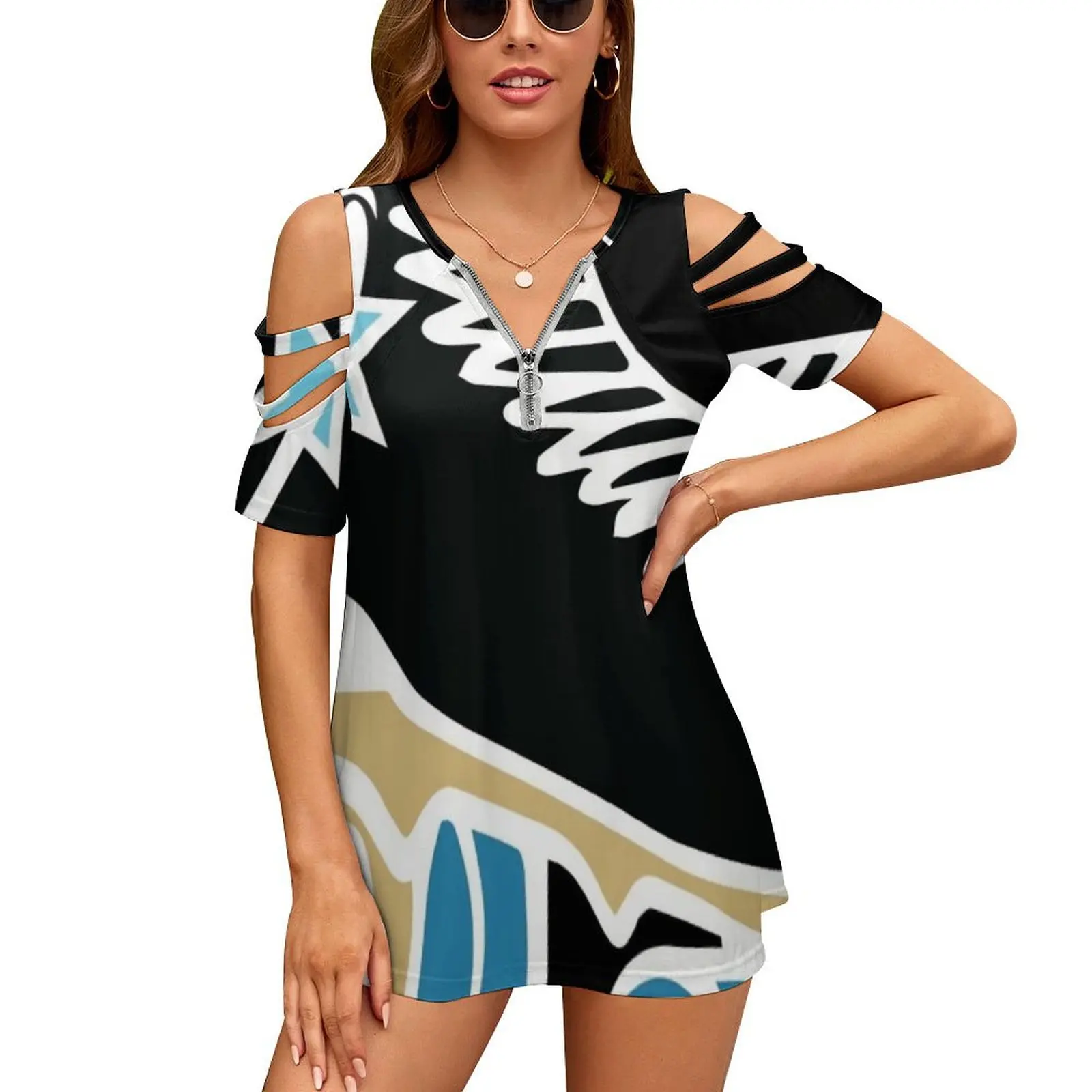 Patín de ruedas Retro negro y azul, nueva moda, Top con cremallera y hombros descubiertos, camisa de manga corta para mujer, patines Derby, patinaje sobre ruedas