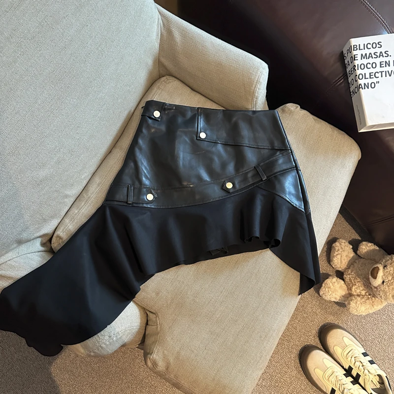 MEXZT Y2K Pu Leather Mini Skirt Women Vintage Asymmetrical Patchwork Black Skirts Winter Gyaru Harajuku Grunge Design Faldas New