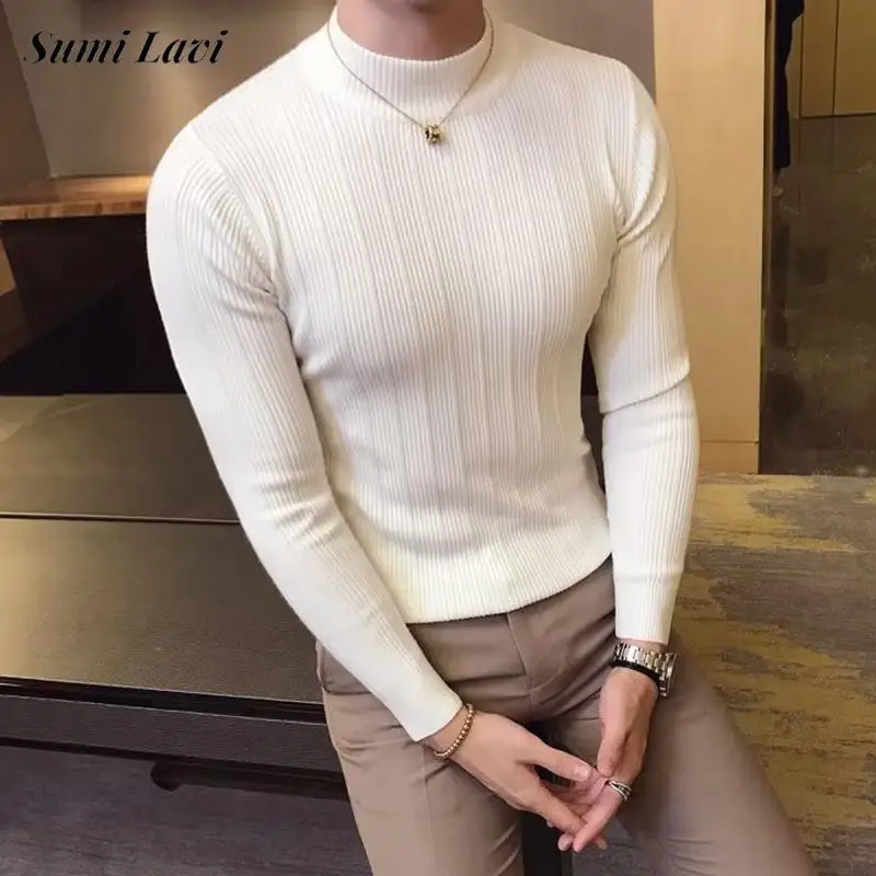 

2026 Spring New Casual Mens Slim Jumper Tops Long Sleeve Mock Neck Sweaters Men Knitting Solid Color Textured Knitting Sweater