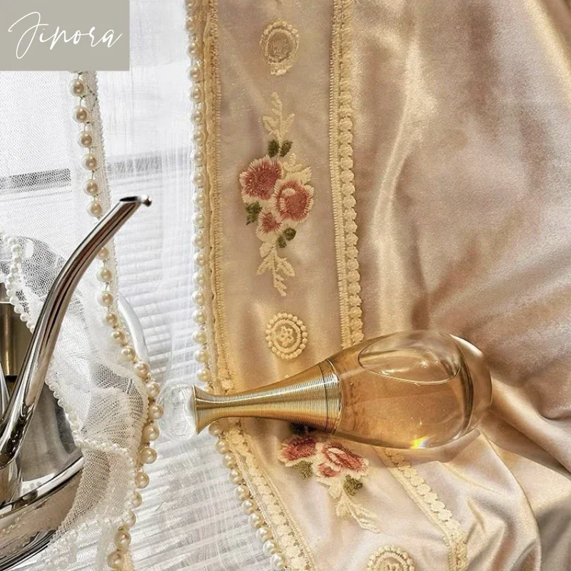 French Romantic Cream Retro Lace Rococo Tulle Curtains for Living Room Bedroom Gilt Pearlescent Color Embroidered Pearl Lace