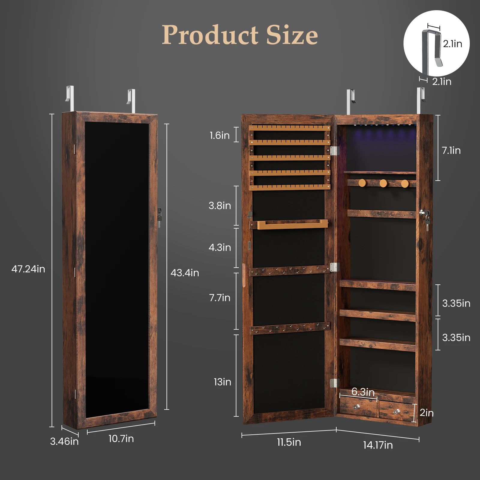 Full-Length Mirror Jewelry Armoire with 6 Led Lights, Wall-Mounted Large, Cosmetics Storage Space, Three Colors