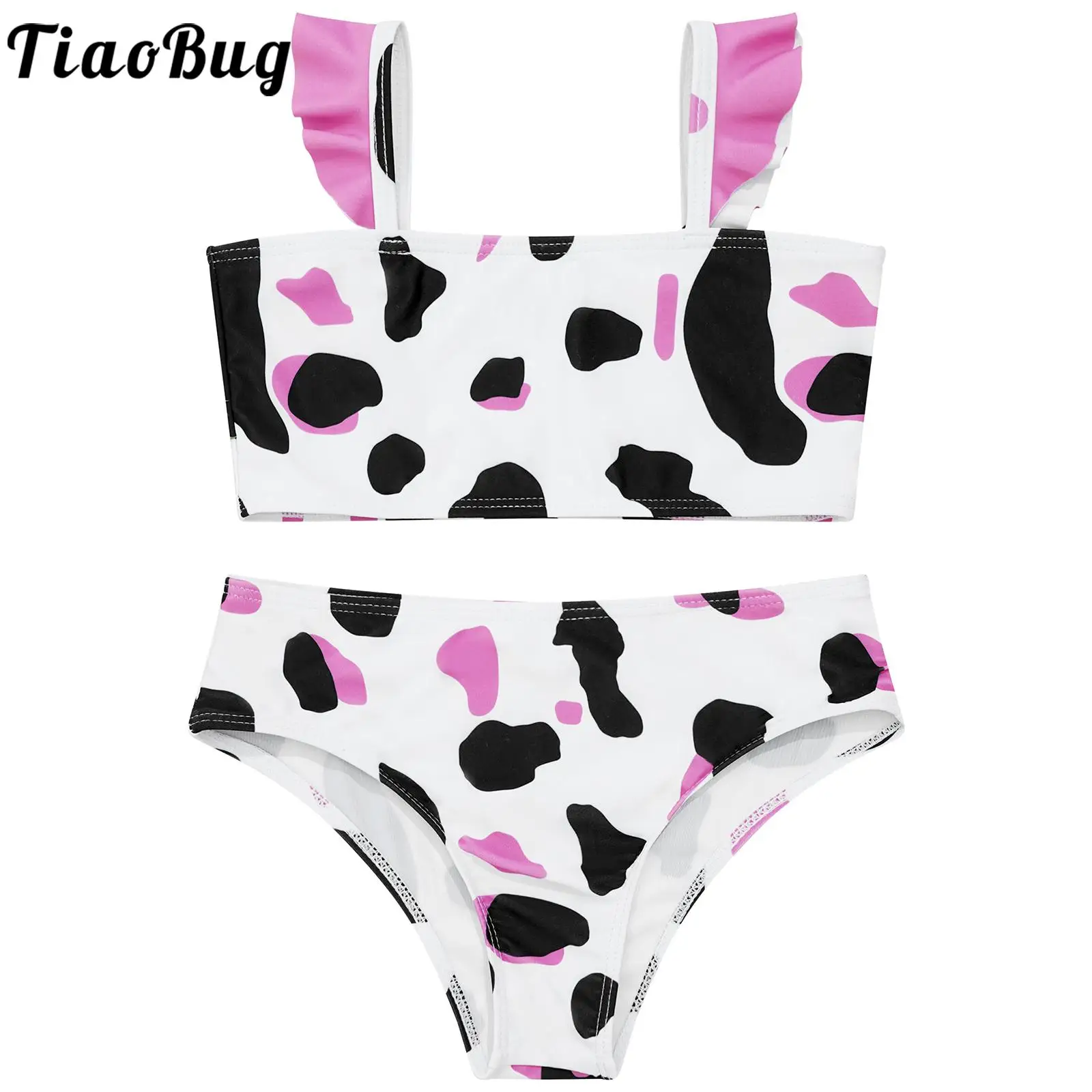 Kids Girls Swimwear Cute Cow Print Bikini Two Pieces Swimsuit Ruffle Flounce Crop Top Briefs Bikini Swimming Bathing Beachwear