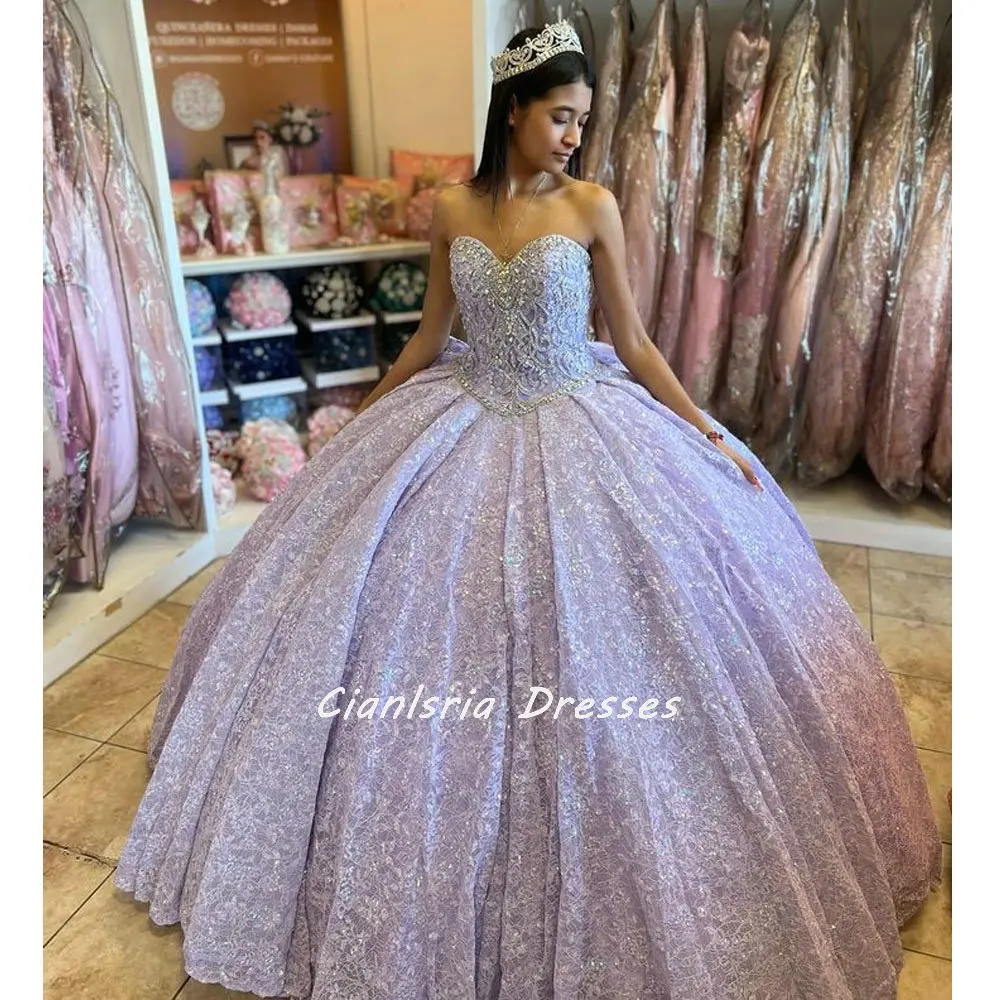 

Lilac Sequined Lace Bow Back Corset Mexican Quinceanera Dress Ball Gown Sleeveless Beading Crystal Vestidos De XV Anos