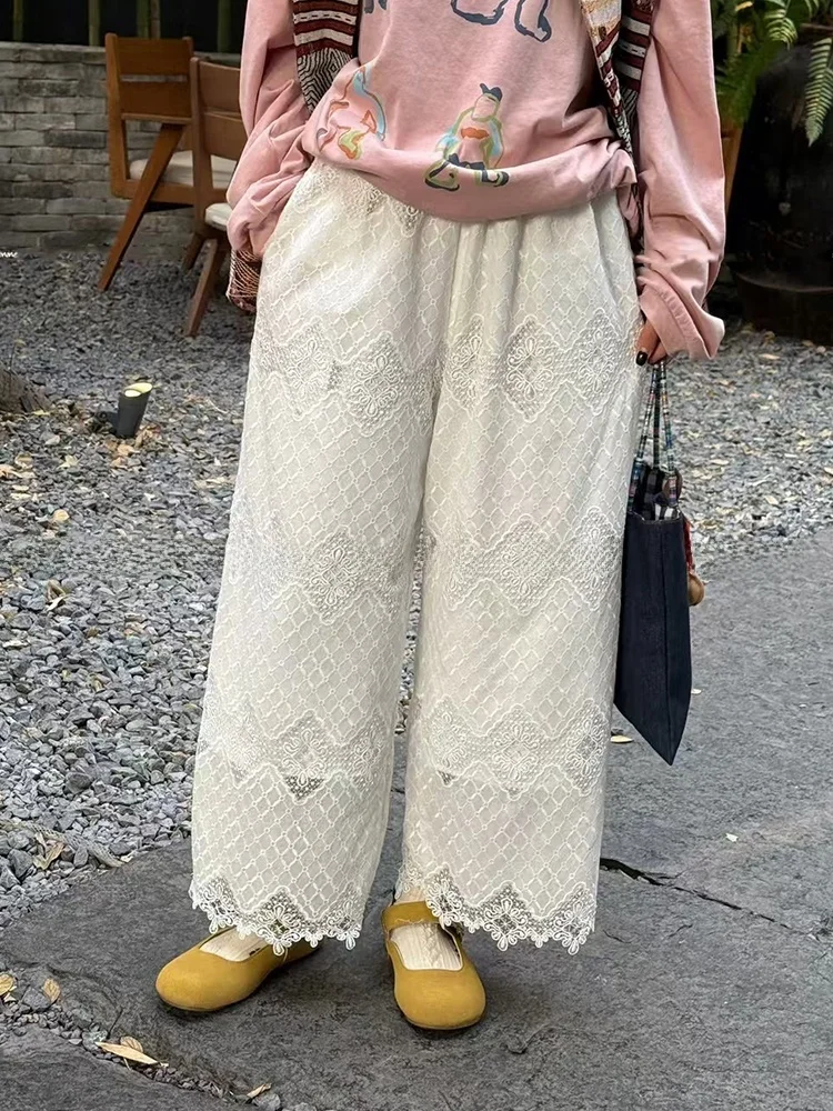 

Retro Floral Lace Trim Elastic Waist White Pants for plus Size Women Spring Summer Japanese Sle Big Size Women's Clothing