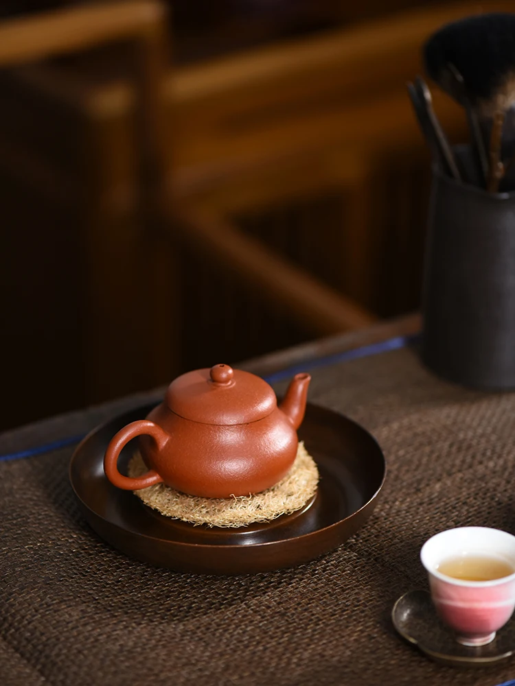 

Retro Bronze Tea Tray Small Size Purple Clay Teapot Holder Water Collecting Tea Table Copper Tray Sandwich Pad Cup Holder