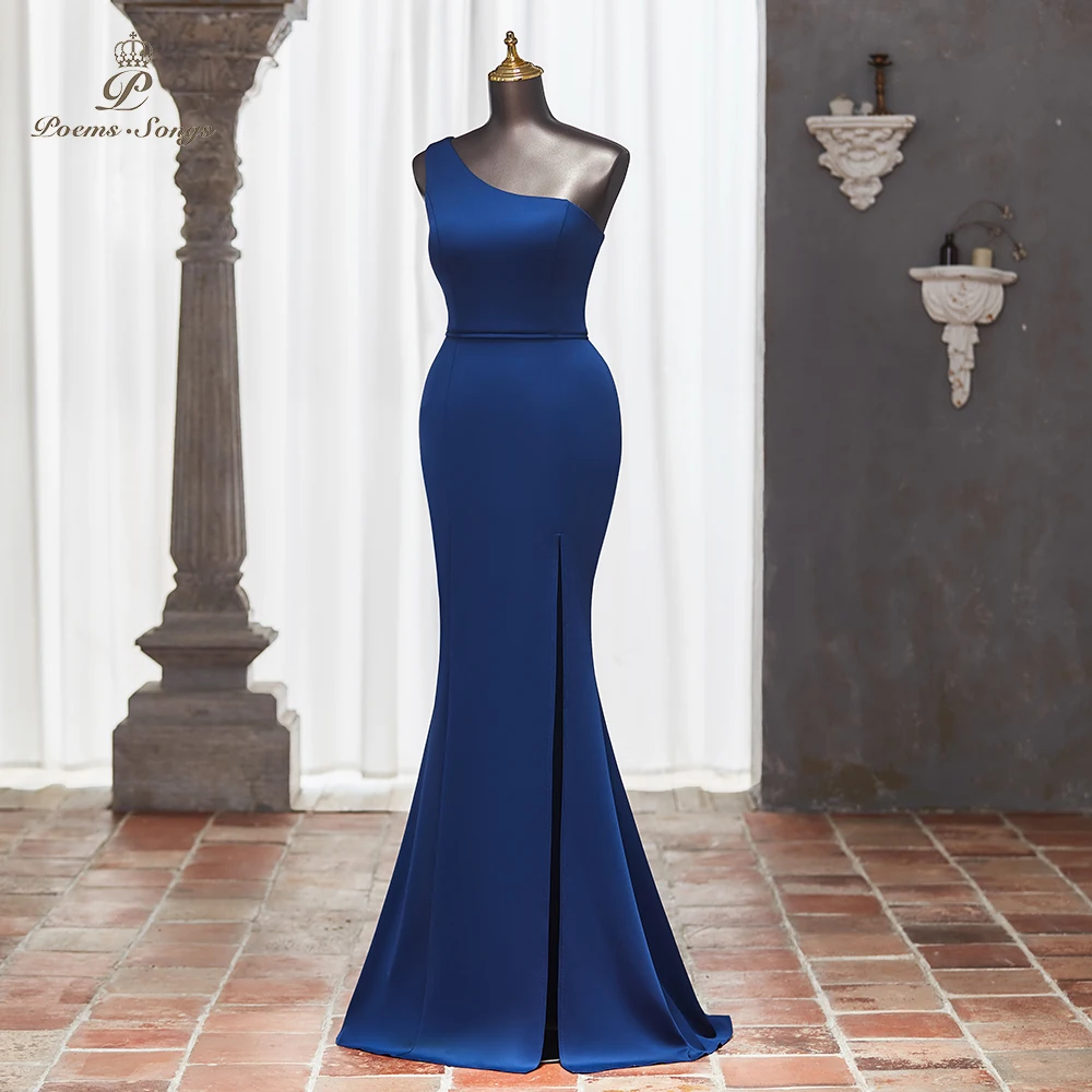 Gorgeous Navy Blue One-Shoulder Evening Dress with Mermaid Silhouette and Side Slit vestidos de noche Perfect for Formal Events