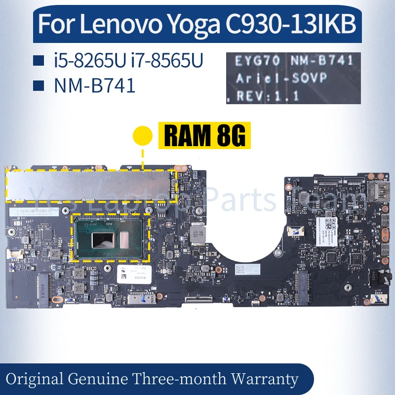 NM-B741 For Lenovo Yoga C930-13IKB Laptop Mainboard 5B20S72103 5B20S72101 i5-8250U i7-8550U RAM 8G Notebook Motherboard Tested