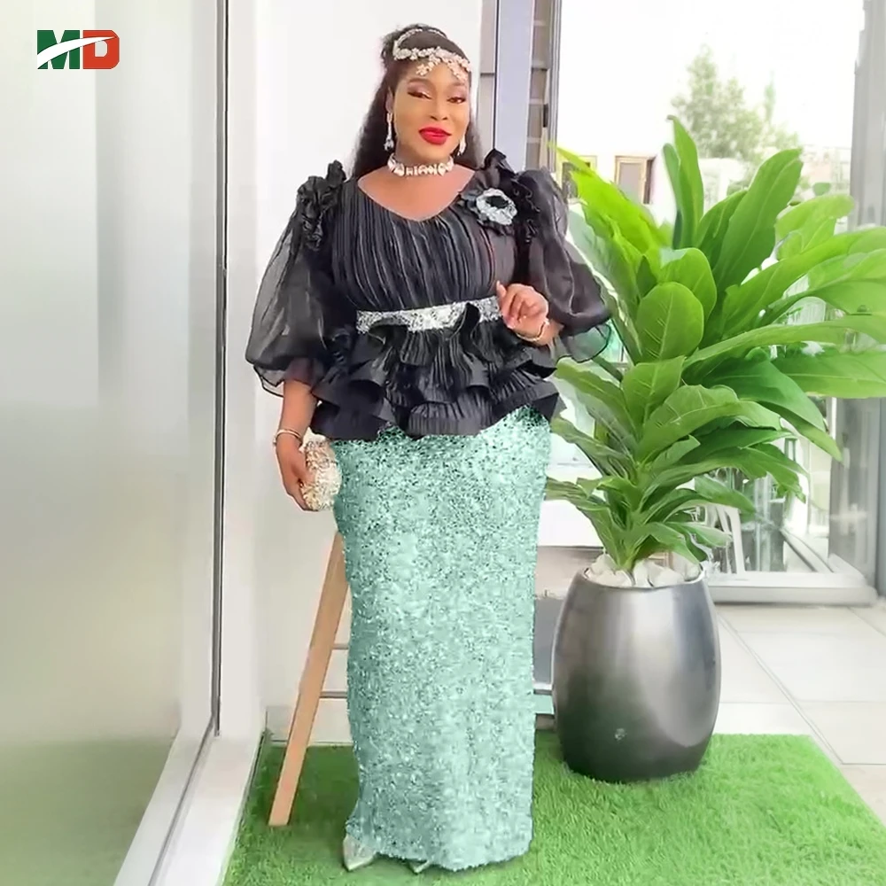 MD Африканские платья для женщин 2025 Новое вечернее свадебное платье больших размеров с блестками Элегантные марлевые топы Одежда с пышными рукавами
