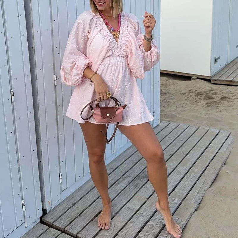 

Elegant V-neck Lantern Long Sleeve Jumpsuits Summer New High Waist Solid Rompers Fashion Simple Women's Loose Playsuits Overalls