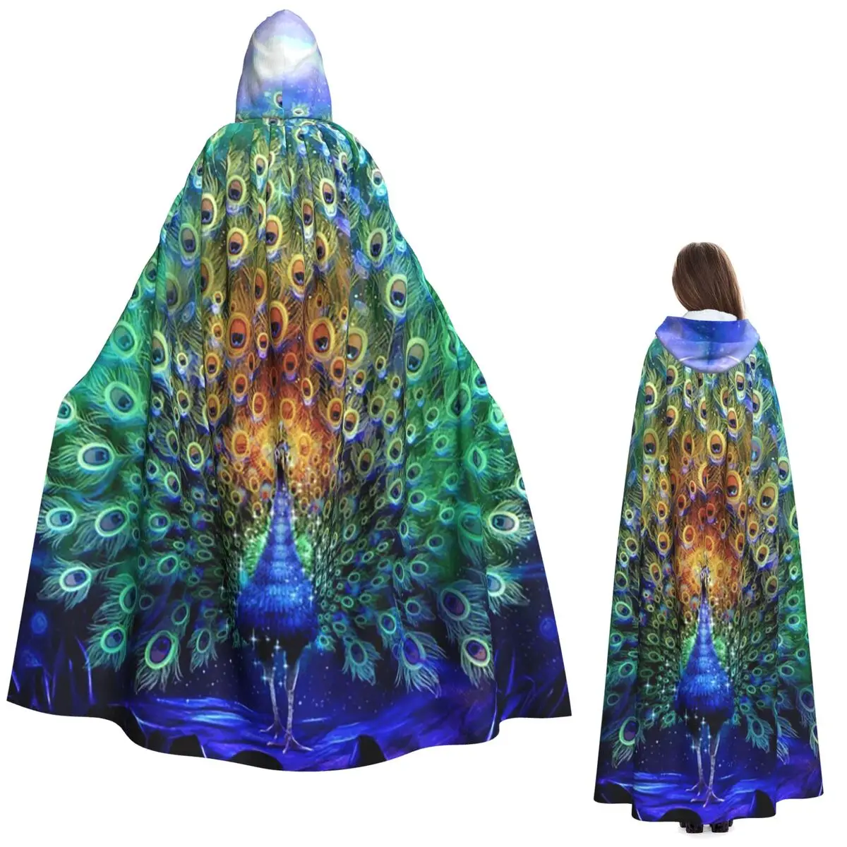 

Peacock The Eternal Trance Long Hooded Cloak Witch Medieval Costume Cosplay Cape HalloweenCoat Adult Unisex