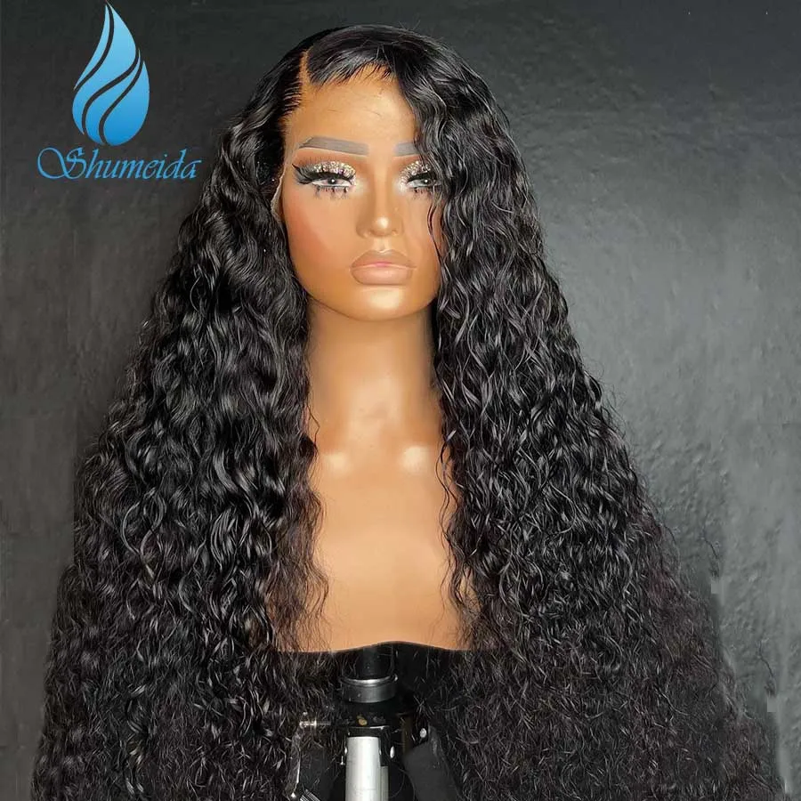 Shumeida Wavy 13x6 Human Hair Wig with Side Part Natural Black Peruvian Hair Wig with Pre-Plucked Hairline Transparent Lace Wigs