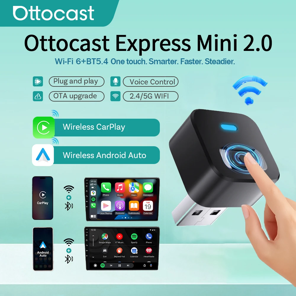 

Ottocast Mini Dot Express Беспроводной адаптер CarPlay CarPlay Android Auto 2-в-1 Plug & Play WIFI6 Быстрое подключение для Benz VW Toyota