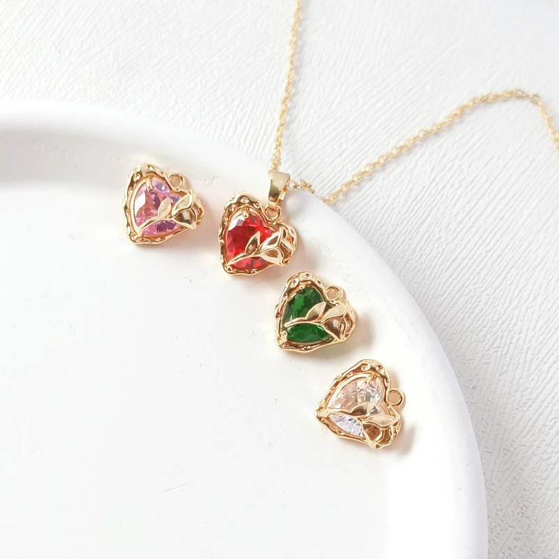 2 Pieces New 14K Copper Clad Gold Exquisite Peach Heart Rose Zircon Pendant Handmade DIY Necklace Jewelry Accessories Material