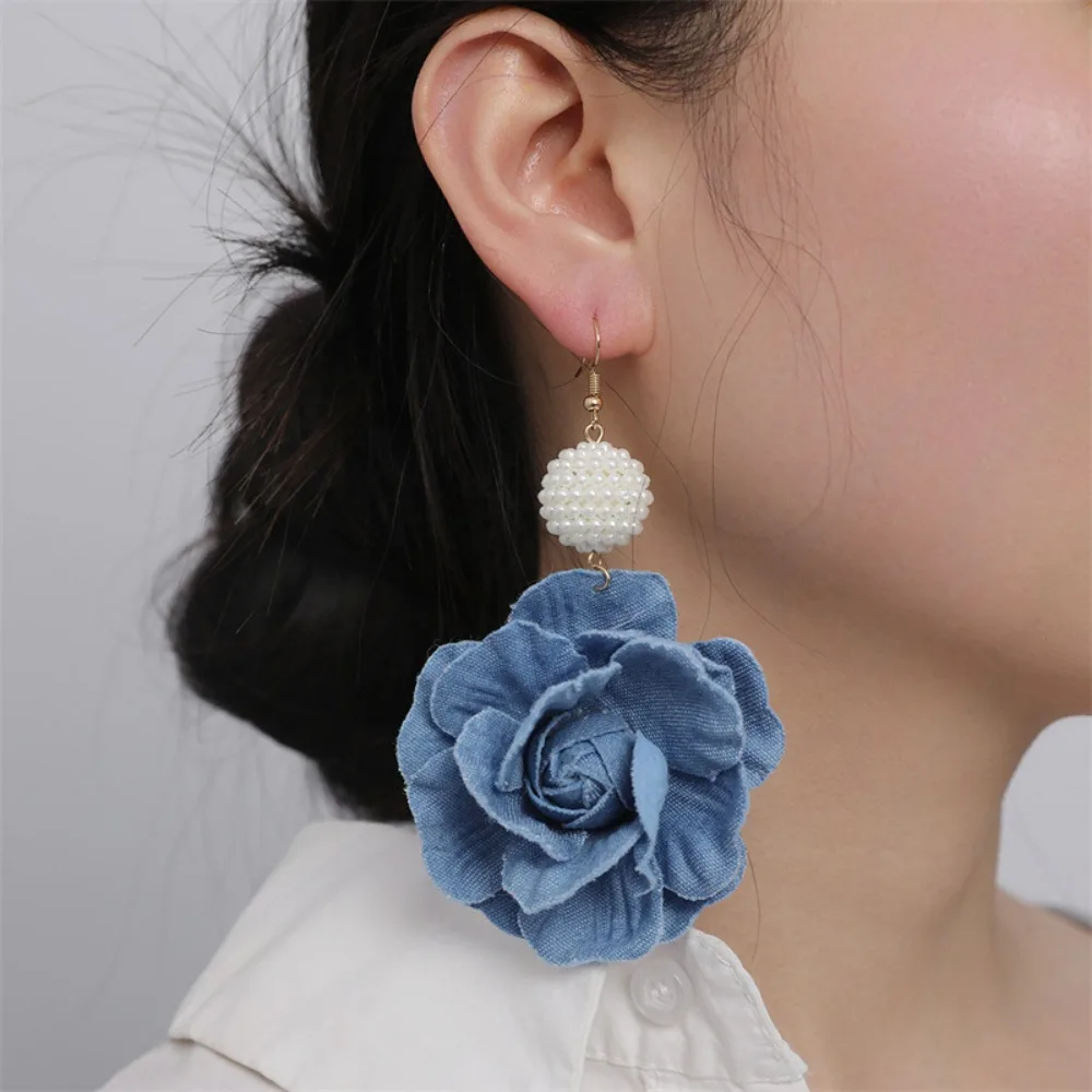 Blaue Denim Rose Blume Anhänger Ohrringe europäischen amerikanischen Retro Stoff künstlerische Blume Ohrringe Schmuck