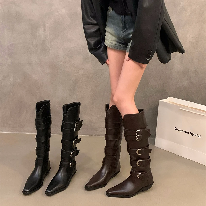 

Designer Vintage Women Knee-High Boots Fashion Belt Buckle Shoes Autumn Winter Thick Heel Women's Knight Long Booties