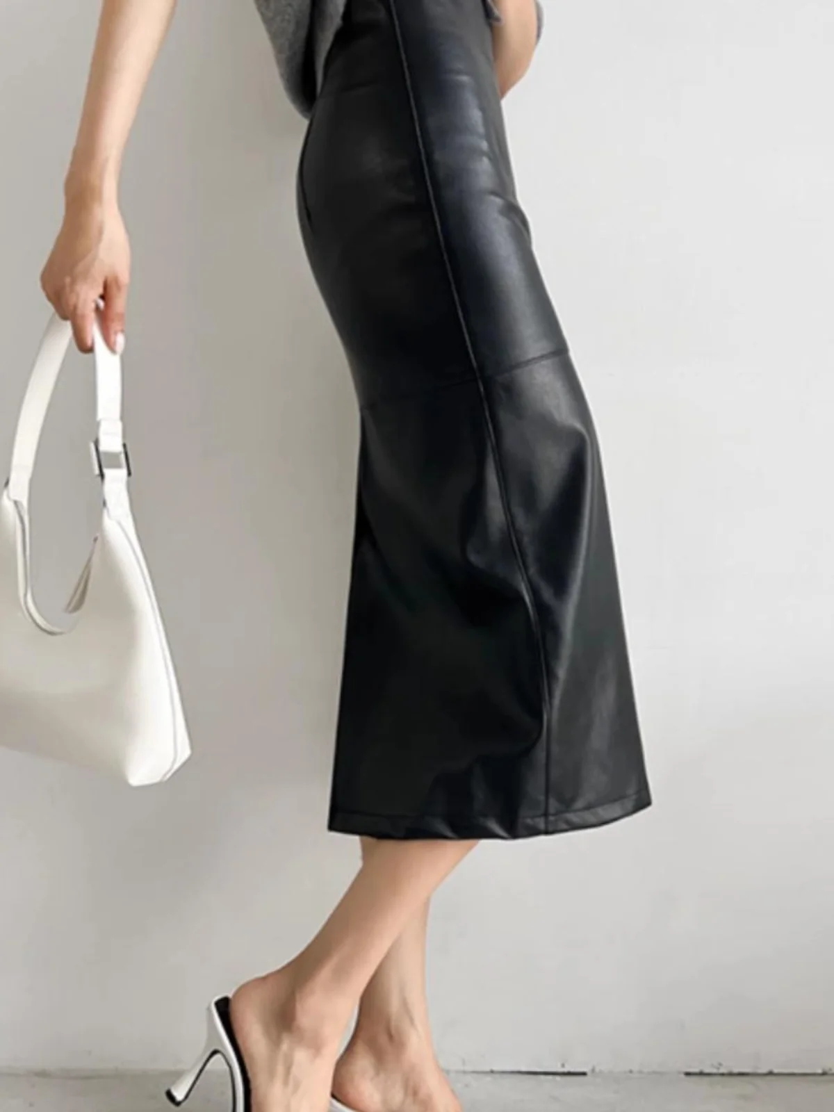 تنورة نسائية عالية الخصر من الجلد بمفصلة الورك بلون نقي كاجوال متوسطة الطول ملفوفة حول مجموعة ربيع الشارع Sle #5