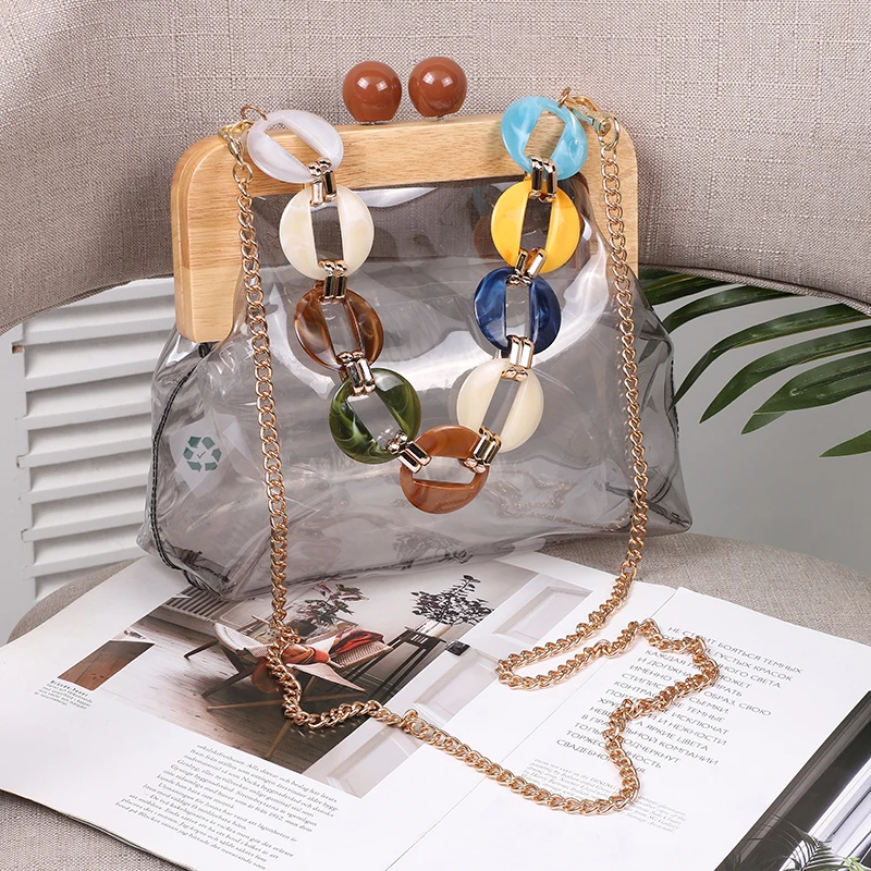 Transparent Women\'s Shoulder Bag Wooden Clip Handbag Designer Chain Crossbody Bags Summer Beach Clutch Female Purse Evening Bag