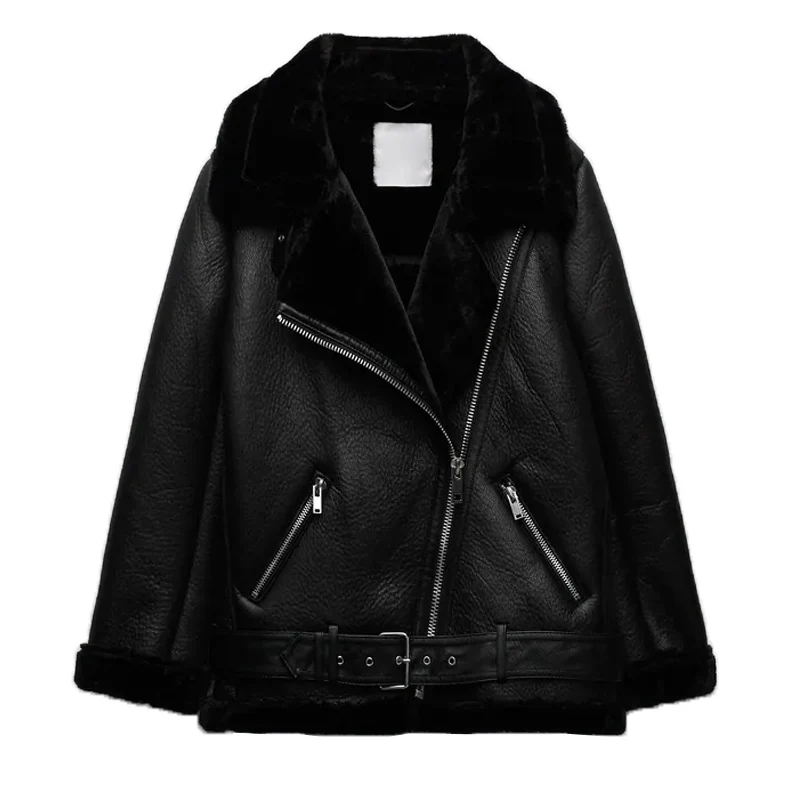 

Thiened Bla Double-Sided Motorcycle Jaet Women's Winter New Sle Inteated Leather Fur Coat Sli Commute Slim Fit